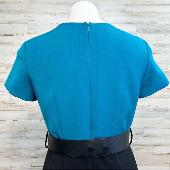 Tahari Arthur S Levine Short Sleeve Belted Dress Size 4 Teal Black Two Tone - Picture 9 of 14